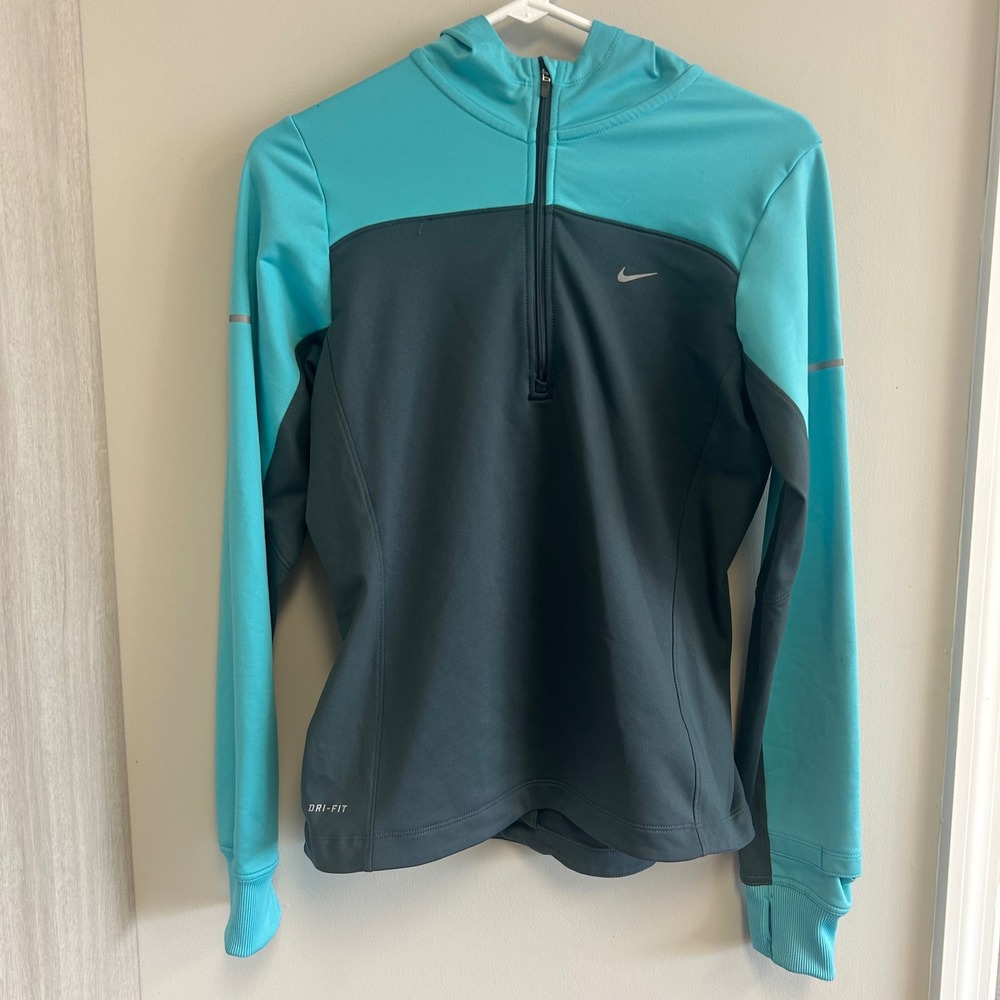 Nike‎ Dri-FIT Pullover 1/4 zip Hoodie Running Jacket Women's S Teal Thumb Holes